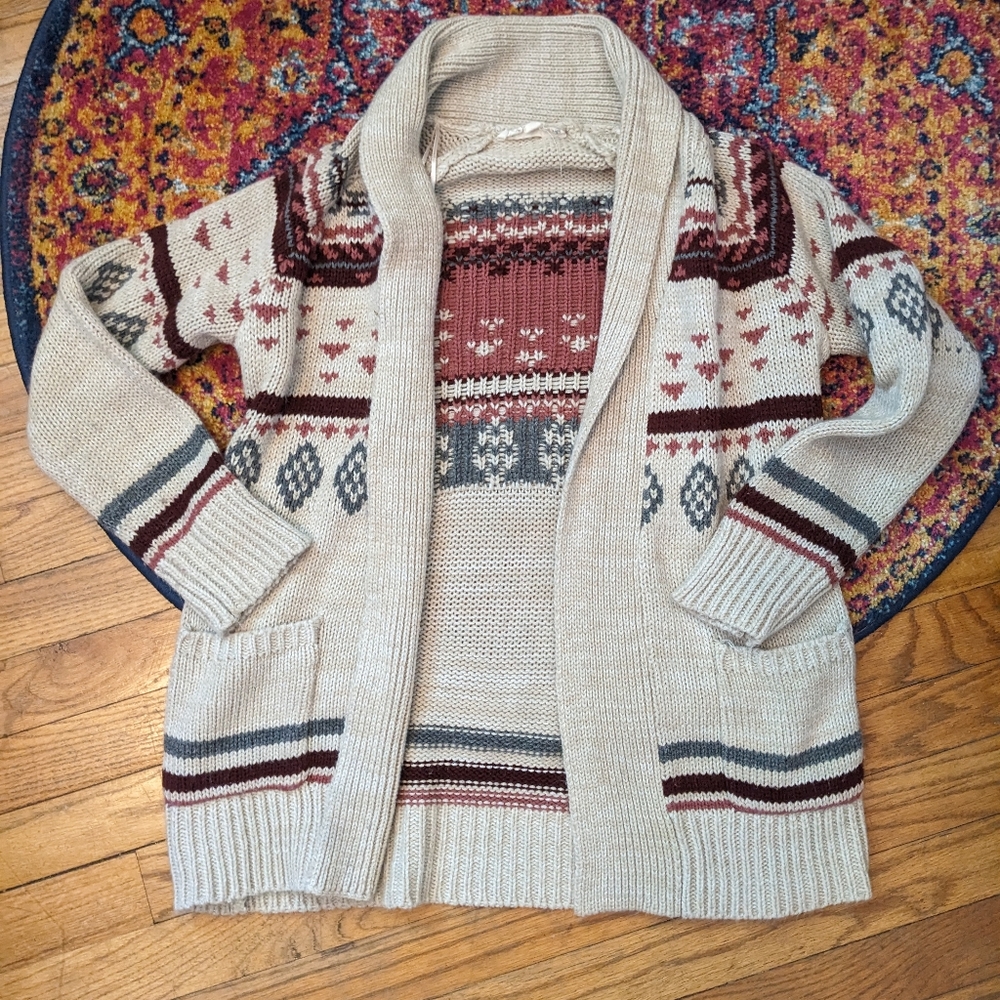 Pink Republic Beige Fair Isle Cardigan with Burgundy and Gray Accents